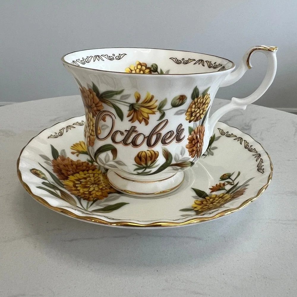 E&R Golden Crown Bone China October Bouquet of the Month Series Cup & Saucer Vtg